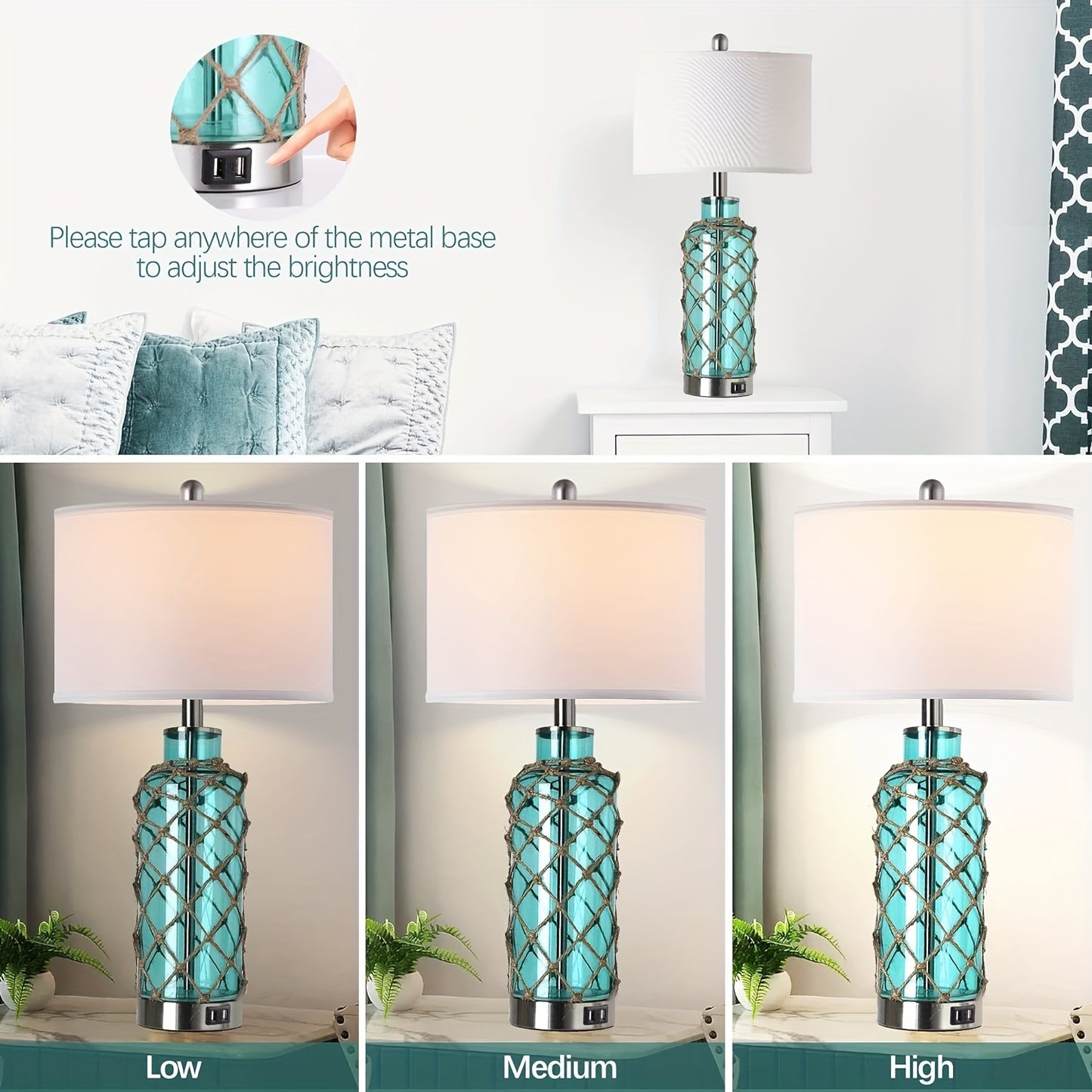 Set of 2 Coastal Cottage Nautical Accent Table Lamps - Touch Control, 3-Way Dimmable, 2 USB Ports, White Shade, Blue Green Glass Rope Net Design - Perfect for Living Room, Bedroom, Nightstand