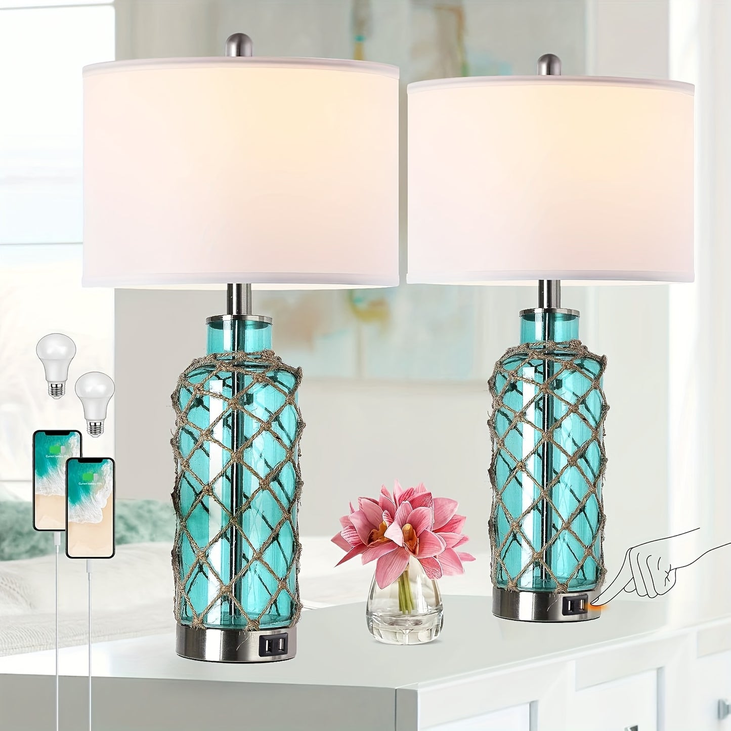 Set of 2 Coastal Cottage Nautical Accent Table Lamps - Touch Control, 3-Way Dimmable, 2 USB Ports, White Shade, Blue Green Glass Rope Net Design - Perfect for Living Room, Bedroom, Nightstand