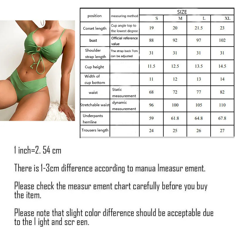 High Waist Bikini Set Two Pieces Solid Color Sexy Green Push up Swimsuit Beach Bathing Suit Swimwear  Women Summer