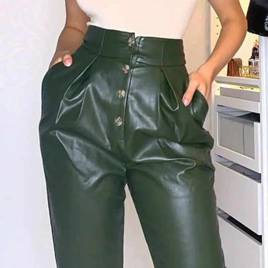 Women Fashion Retro Green PU Sexy Leather Autumn and Winter Faux Leather High Waist Pants Long Straight Pants High Street Korean