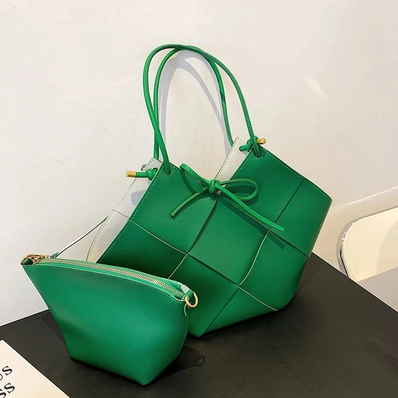 Weaving Large Capacity Big PU Leather Shoulder Bags For Women 2023 Summer Trend Female Branded Green Handbags And Purses