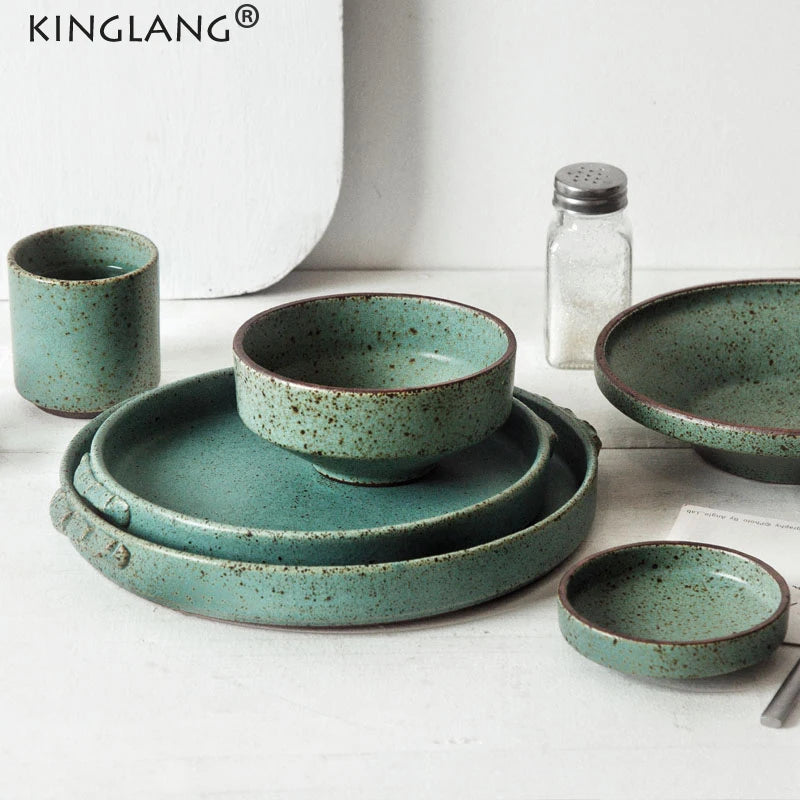 KINGLANG  Japanese  Green Color Dinner Set Retro Handmade Ceramic Plates  Restaurant Tableware Set Round Plate Rice Salad Bowl