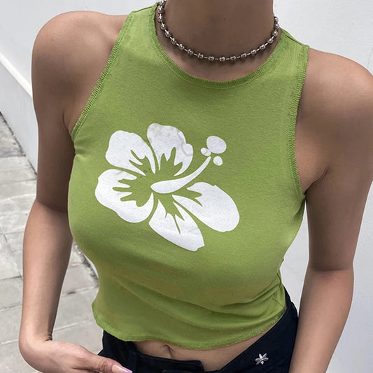 Floral Green Tank Top Women Y2k Aesthetic Corset Top Vintage Seeveless O Neck Female Crop Top Harajuku Cute Tee 2021 Summer Tops