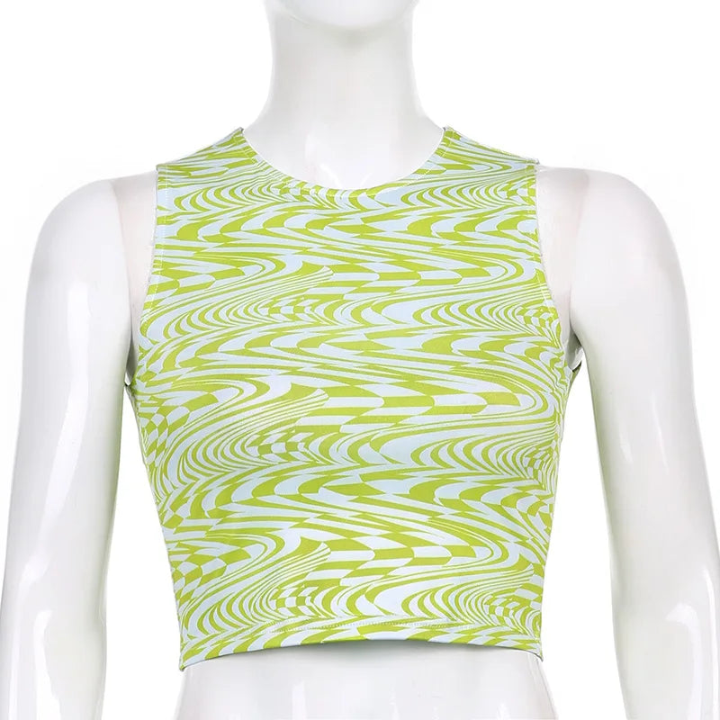 90s Aesthetics Striped Print Crop Tops Y2K Summer Streetwear Sleeveless O-neck Green Baby Tanks Women 2024 Sexy Vests