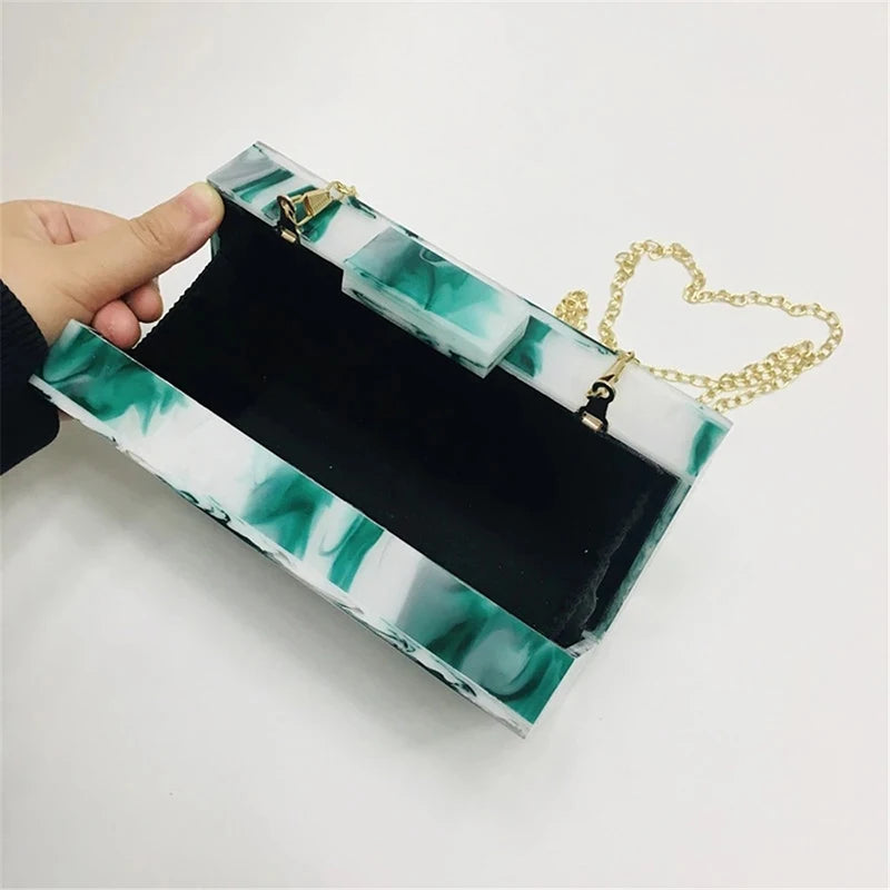 Luxury Brands Acrylic Evening Bags Ink Green Print Handbag Vintage Shoulder Crossbody Bag Party Prom Clutch Purse Women's Wallet