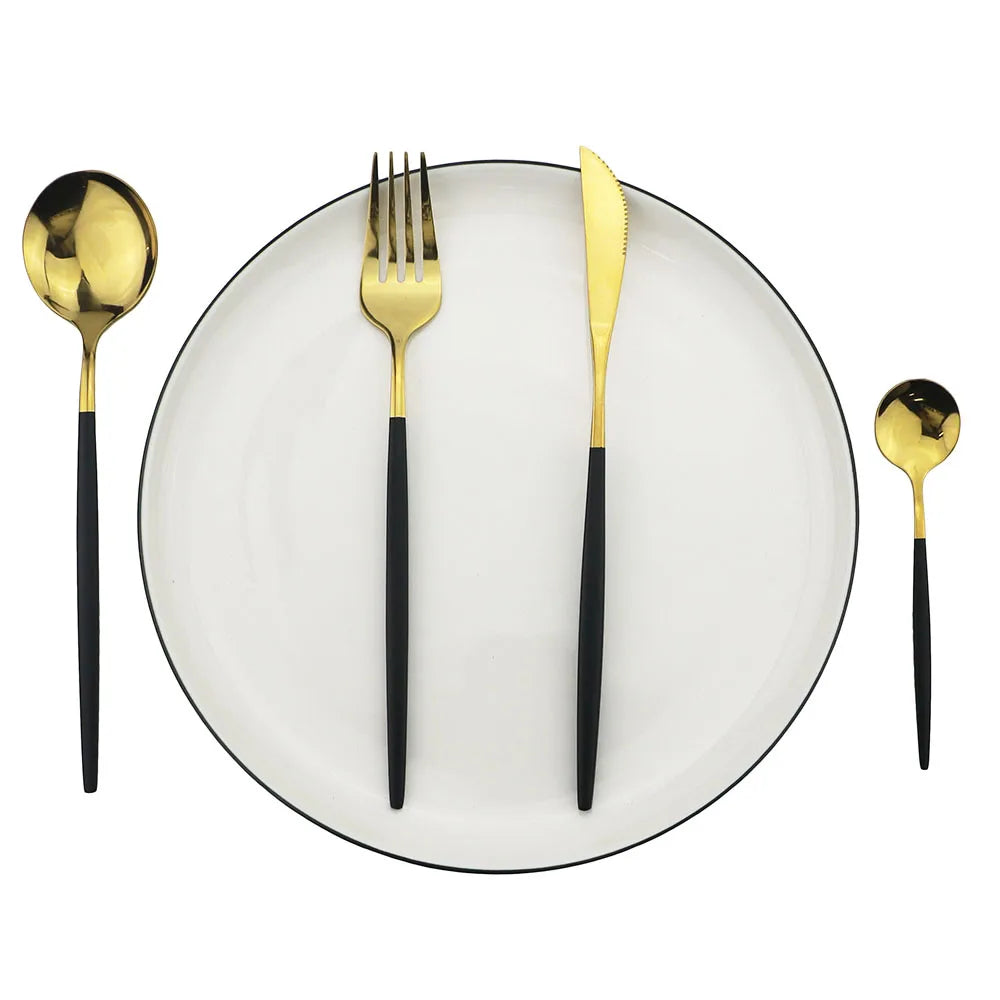 24Pcs Green Gold Cutlery Set Mirror Colorful Flatware Set 304 Stainless Steel Dinnerware Set Kitchen Silverware Gold Tableware