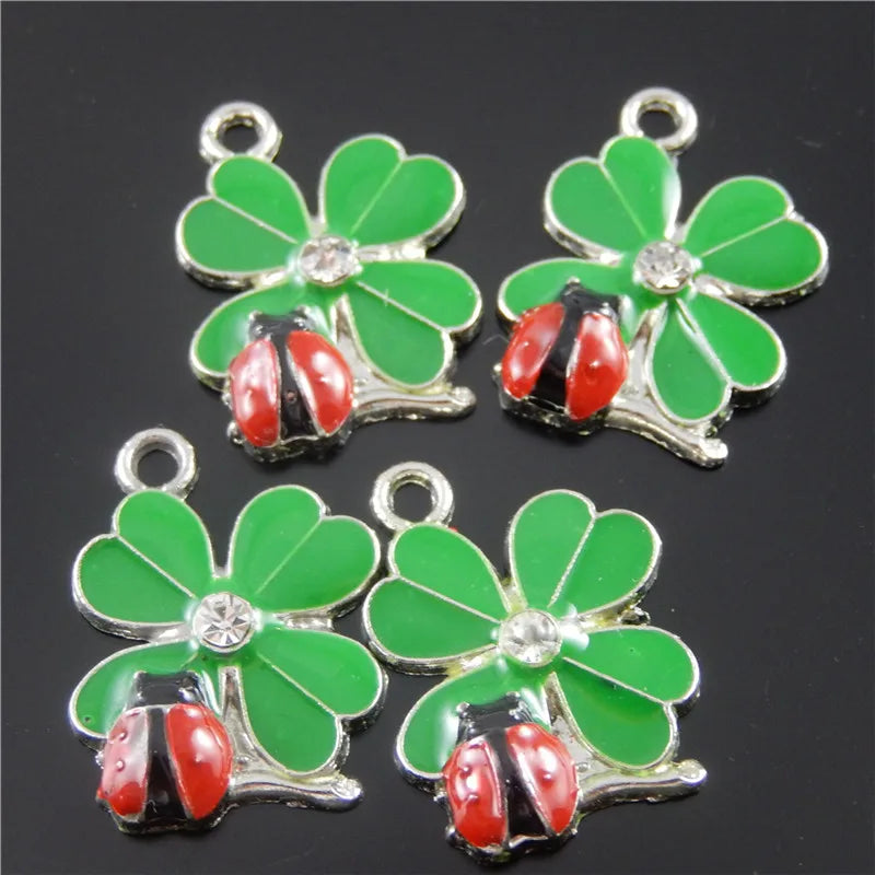 20pcs Green And Red Color Clover Ladybug Flower Enamel Pendant Charm Jewelry Finding Necklace Phone Accessories 37058