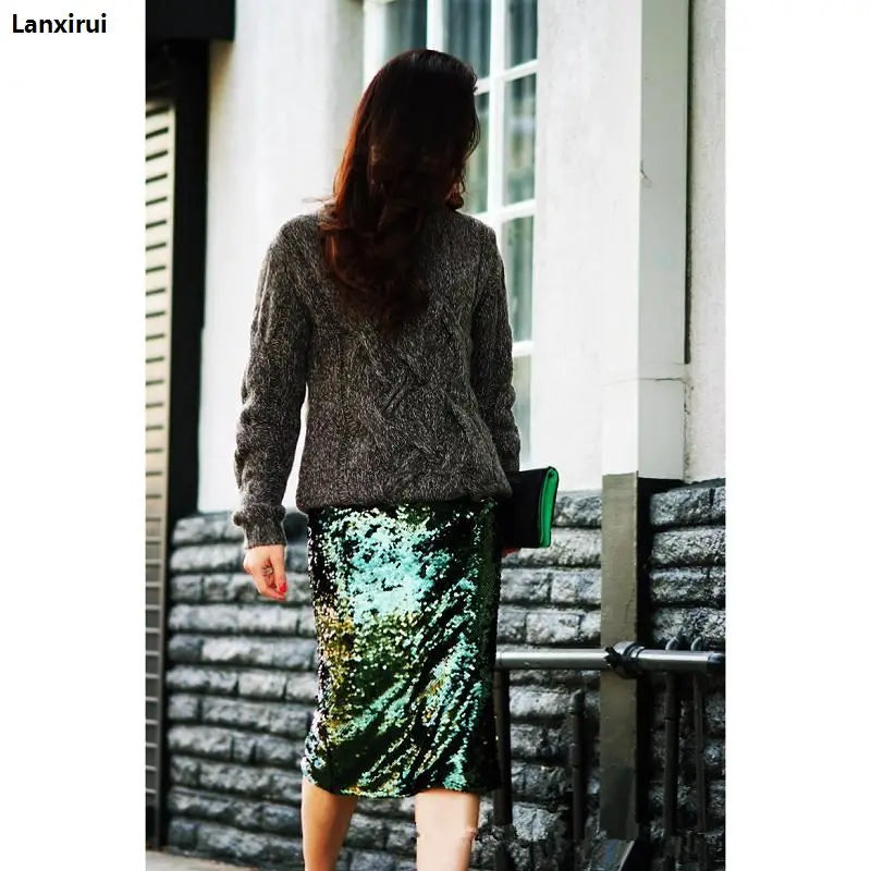 Top Quality Women Green Sequin Zipper Midi Skirt Package Hip Slim Pencil Skirt Femininas Elegant Ladies Party Wear Sexy