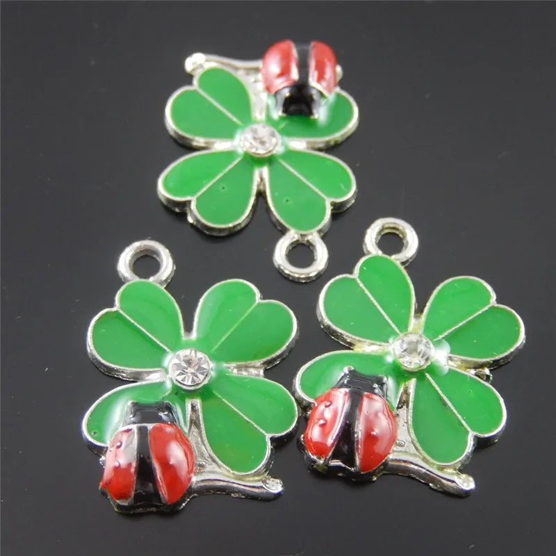 20pcs Green And Red Color Clover Ladybug Flower Enamel Pendant Charm Jewelry Finding Necklace Phone Accessories 37058