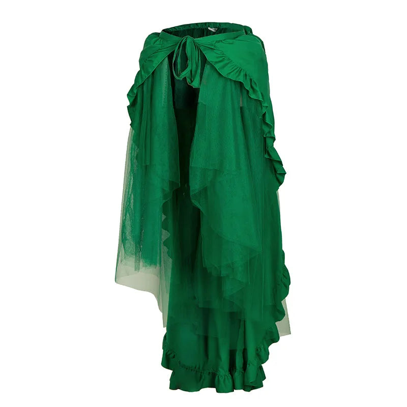 Victorian Gothic Green Ruffles Asymmetrical Tulle Long Steampunk Skirts Women Wrap Skirt Plus Size 6XL Sexy Matching Costumes