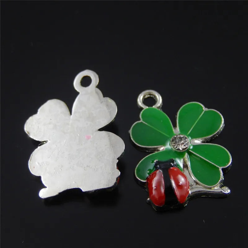 20pcs Green And Red Color Clover Ladybug Flower Enamel Pendant Charm Jewelry Finding Necklace Phone Accessories 37058