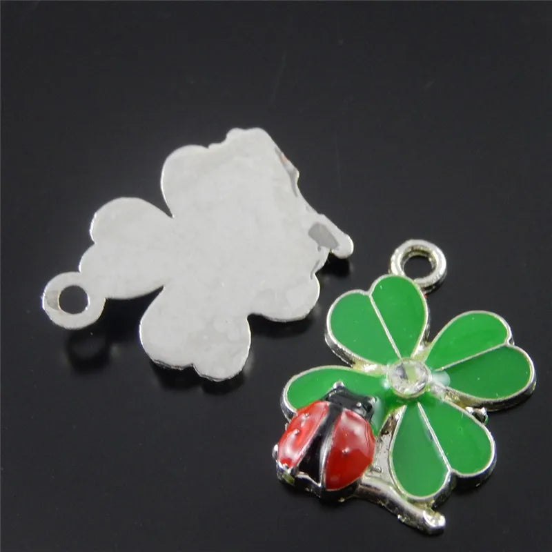 20pcs Green And Red Color Clover Ladybug Flower Enamel Pendant Charm Jewelry Finding Necklace Phone Accessories 37058