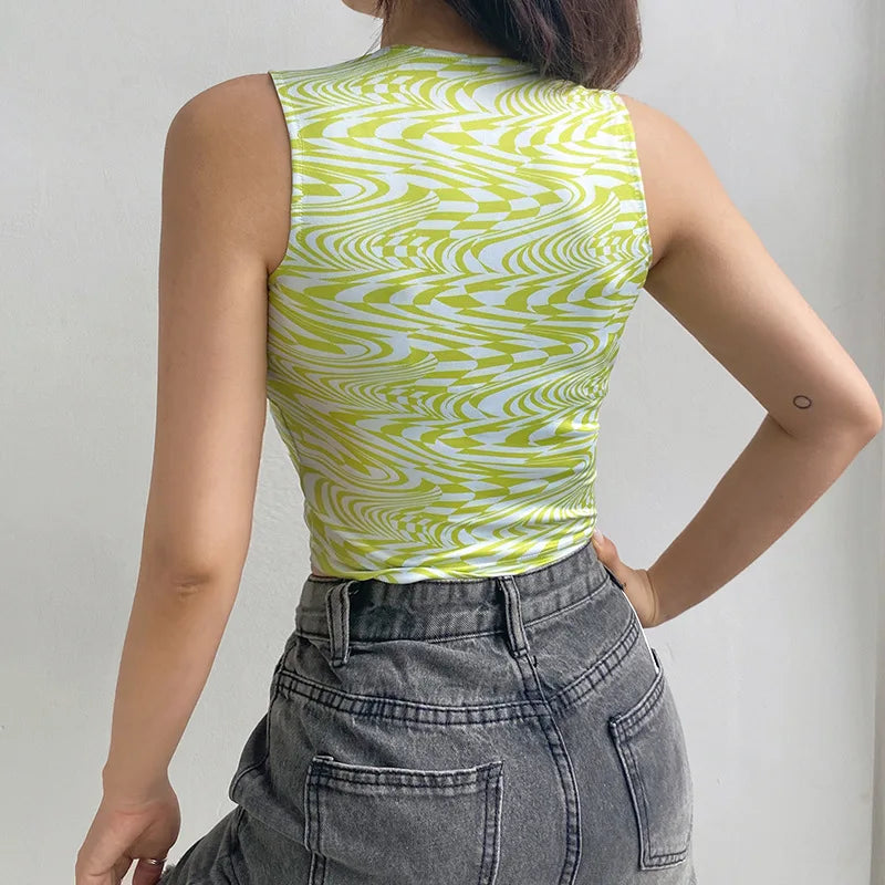 90s Aesthetics Striped Print Crop Tops Y2K Summer Streetwear Sleeveless O-neck Green Baby Tanks Women 2024 Sexy Vests