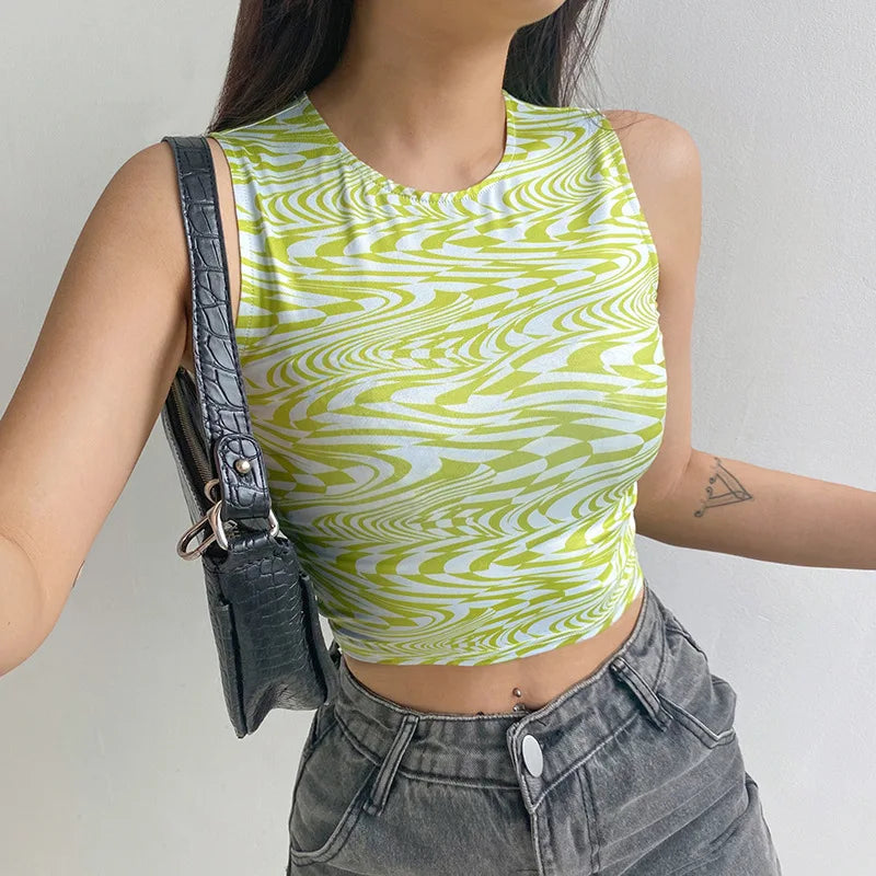 90s Aesthetics Striped Print Crop Tops Y2K Summer Streetwear Sleeveless O-neck Green Baby Tanks Women 2024 Sexy Vests