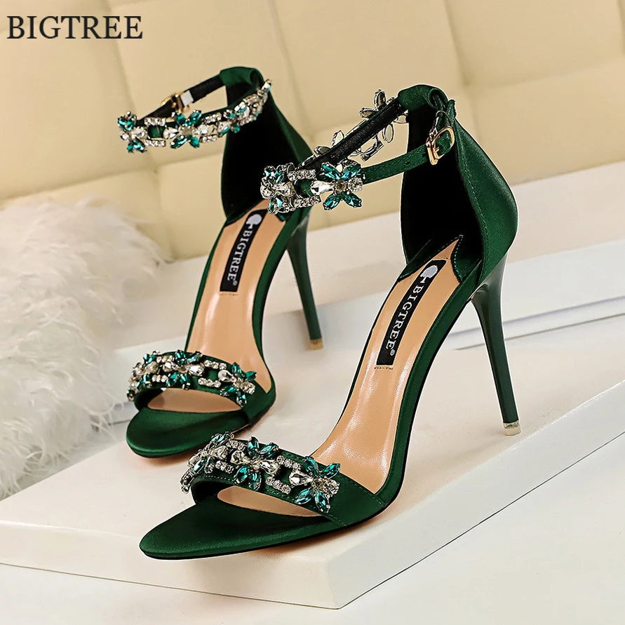 Women Sandals  Luxury Crystal  High Heels Shoes  Green