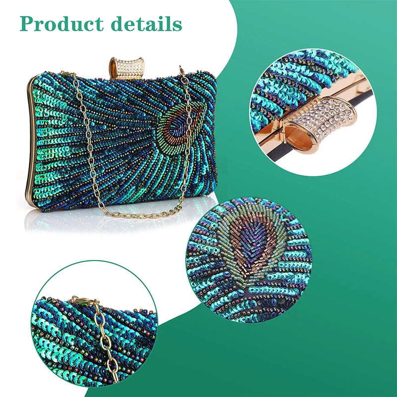 Green Peacock Beaded Sequin Evening Bags for Women Envelope Party Wedding Bridal Formal Shoulder Bags for Ladies