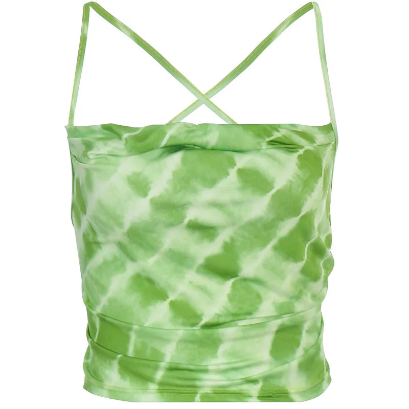 Tie Dye Backless Bandage Party Tops Fashion Summer Hollow Out Sexy Camis Tops Chic Vintage Sweet Green Crop Tops