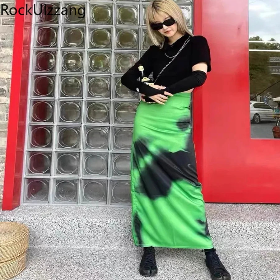 Elastic Waist Black Print Green Maxi Skirt Harajuku Sexy Midi Long Skirts Japanese Street Hippie y2k Clothing punk grunge gothic