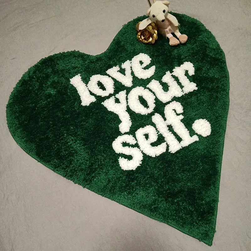 Green Tufting Heart Bedroom Rug Fluffy Letters Carpet Living Area Foot Pad Kids Room Doormat Aesthetic Home Warm Decor Rugs