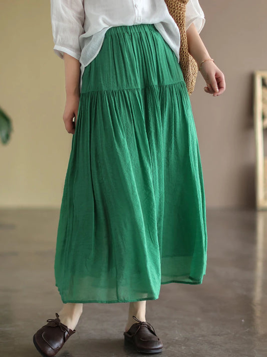 Cotton Linen Women Skirts Harajuku Vintage Fashion Ankle-Length Elastic Waist Green Simple Basic Long Skirt Women Summer