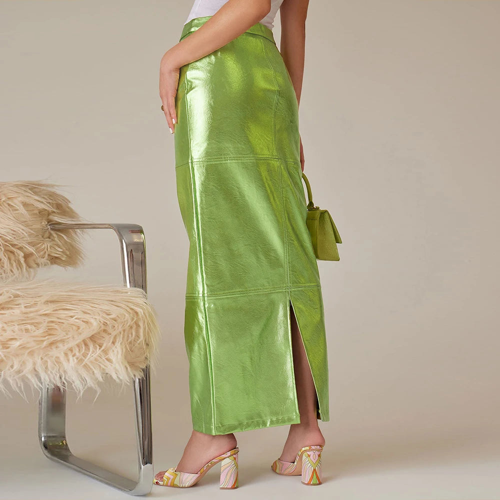 Sexy Sparkly Slit Luxury Long Skirts Women High Waist Metallic Green Slim Maxi Skirt 2023 Summer Elegant Birthday Party Clothes