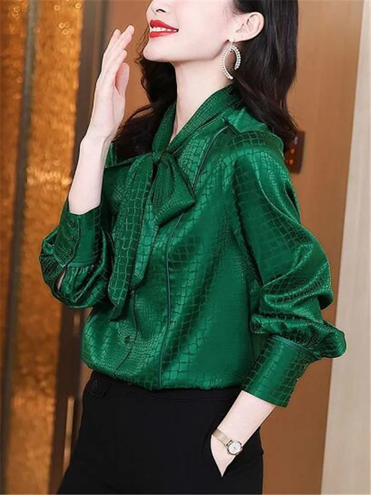 Bow Tie Cardigan Blouses Ladies Shirt Green Check Print Top For Women Long Sleeve Button Up Basice OL Satin Blusas Female Shirt