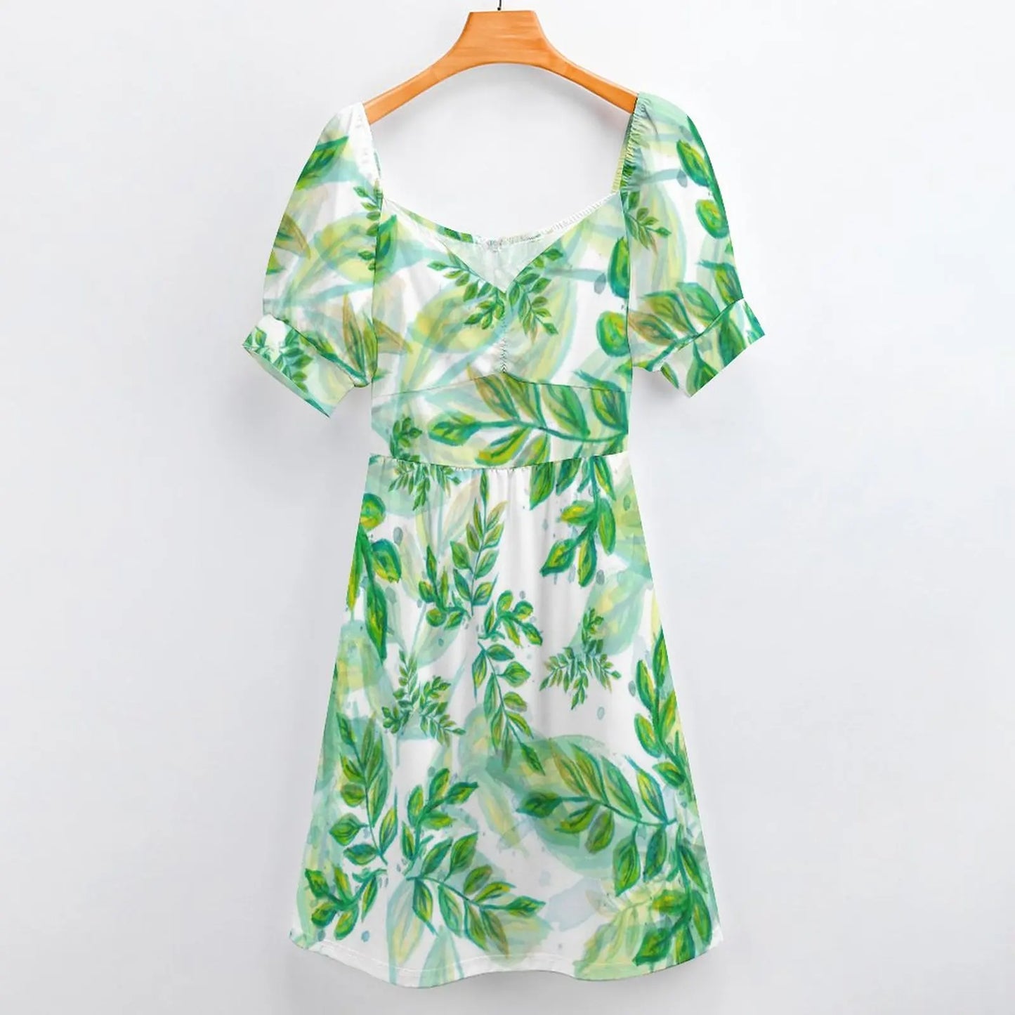 Ink Painting, Green Leaves Casual Dress  Aesthetic Dresses Cute Dress Womens V Neck Oversized Vestido