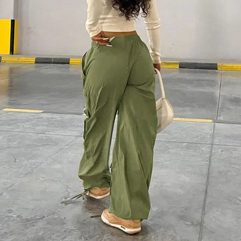 Original Retro Wide Leg Pants Y2k Hot Girl Pocket Elastic Waist Drawstring Zipper Leggings Loose Cargo Pants - Green, Brown  - L