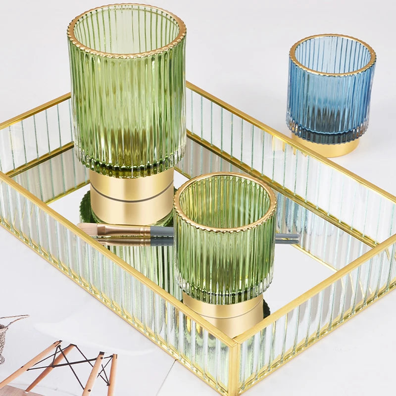 Creative Glass Storage Bucket Dark Green Pen Holder Cup Makeup Brush Container Desktop Flower Vase Organizer For Home Decoration