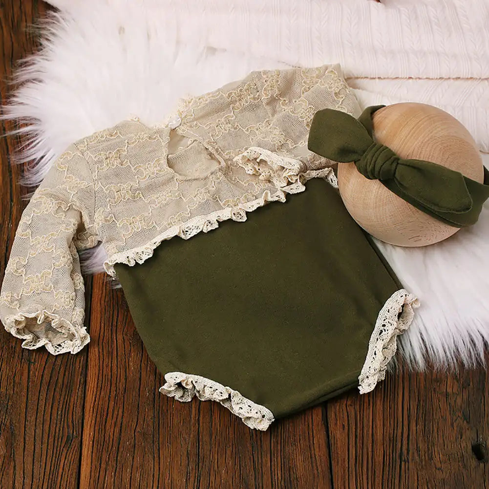 Baby Contrast Color 2 Pieces Set Newborn Green Lace Romper Jumpsuit Rabbit Headband Set Baby Boy Girls Photography Clothing