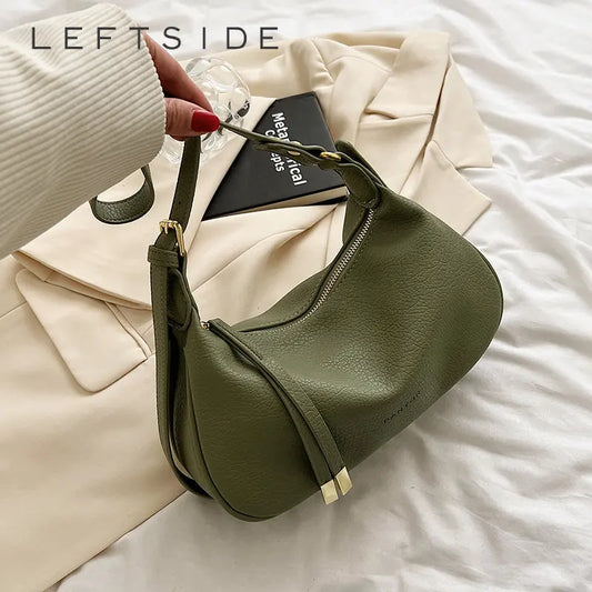 LEFTSIDE Shoulder Side Bags for Women Leather Female New 2023 Spring Trend Fashion Saddle Bag Green Handbags and Purses