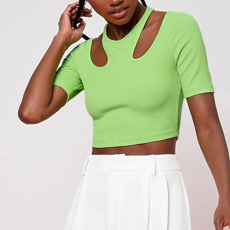 Summer 2024 Thread Green Short Sleeved T-shirt Casual Sexy Open Navel Hollow Comfortable Casual Bottom Top