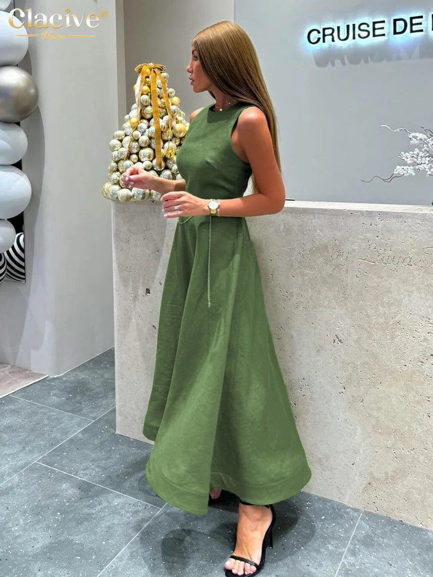 Clacive Casual Green Cotton Women'S Dress Summer O-Neck Sleeveless Ankle Length Dresses Elegant Classic High Waist Female Dress