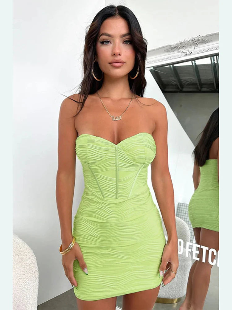 Green Pleated Mini Dress Sexy Sleeveless Bodycon Strapless Dress y2k Black Summer Dresses for Women 2023 Party Wedding Evening