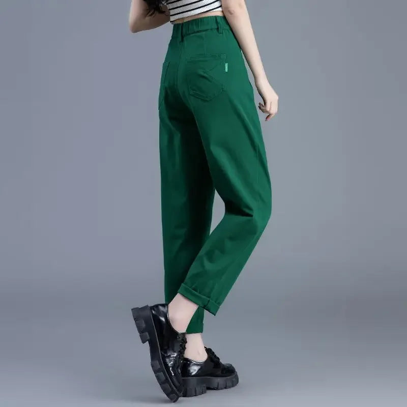 Green Casual Women Jeans Spring Autumn Fashion Harem Pants Korean Clothing Streetwear High Waist Solid All-match Trousers CY1