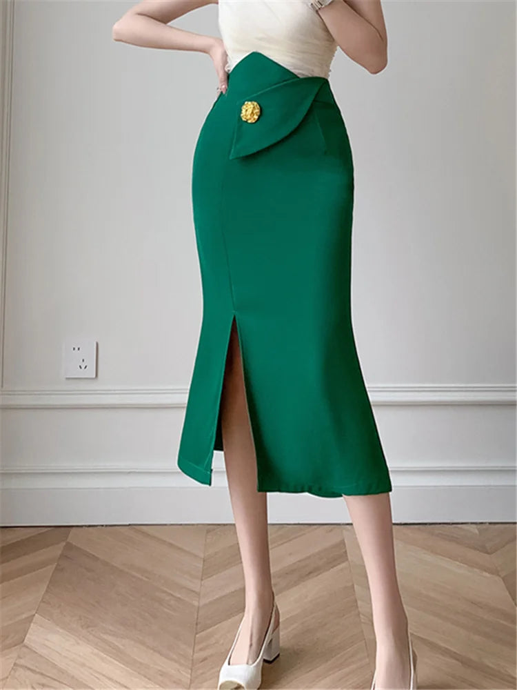 High Waist Korean Green Women's Wrap Midi Skirts 2023 New Summer Button Front Split Elegant Office Lady Sheath Skirts Female