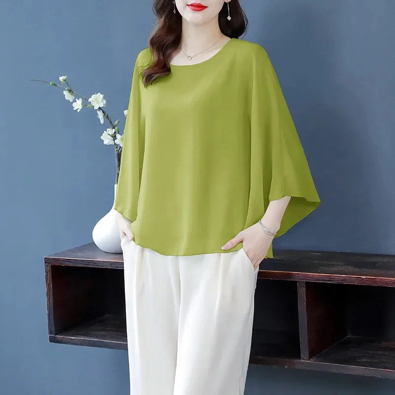 4XL Bat Shirt Summer Women's Loose T-shirt Small Shirt 2024 Spring/Summer Large Wrinkle Resistant And Elegant chiffon Top Green