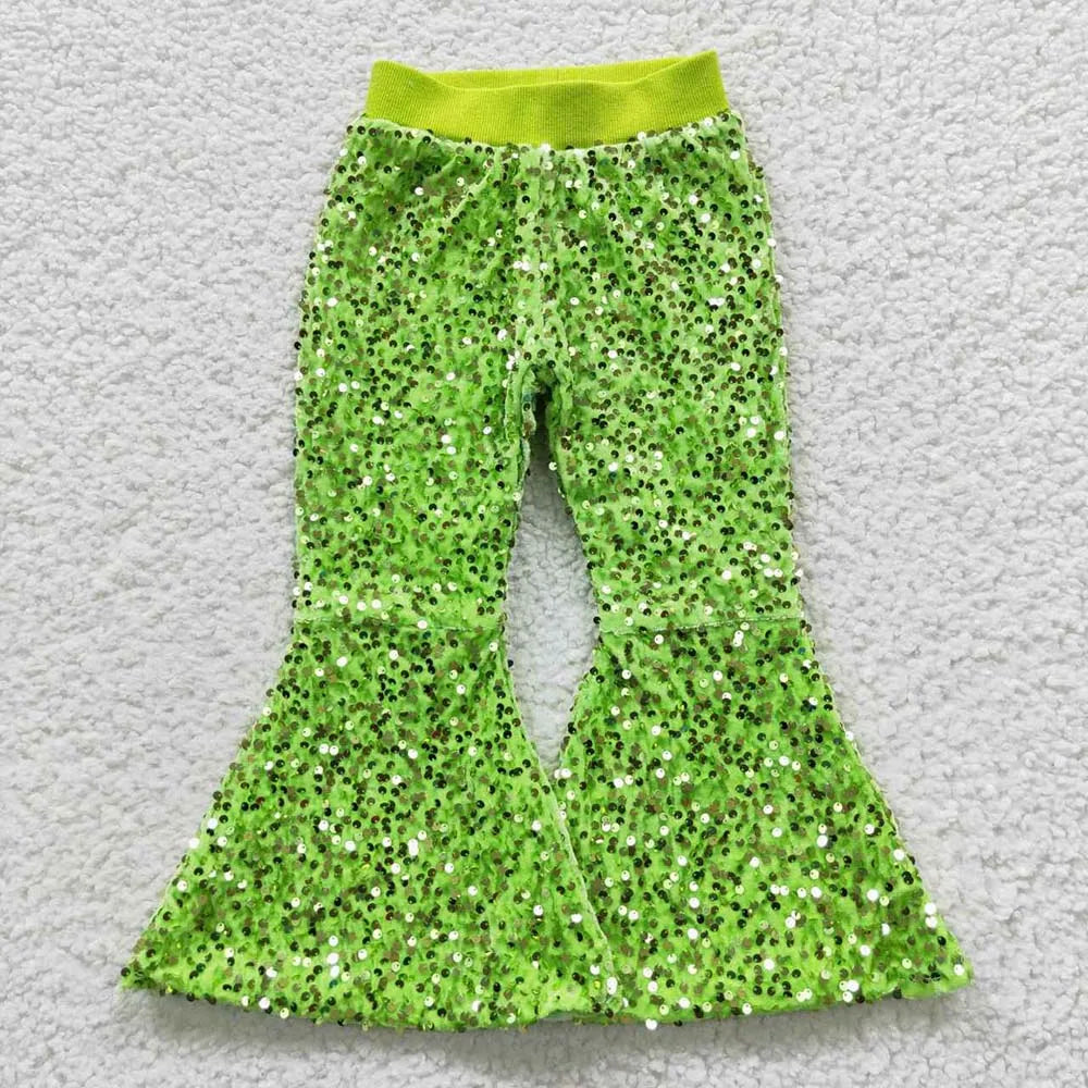 Wholesale Kid Glitter Clothing Baby Girl Toddler Sequins Green Color Soft Comfortable Children Lining Bell Bottoms Pants