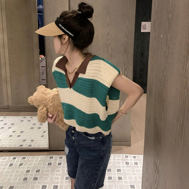 Summer Hollow Out Striped Print Women Polo T Shirts Fashion All-match Casual Harajuku 2xl Oversized Knitted Clothing Green Pink