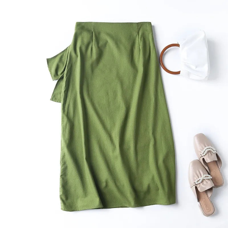 Summer 2023 new cotton and linen split design temperament skirt green knotted split midi skirt