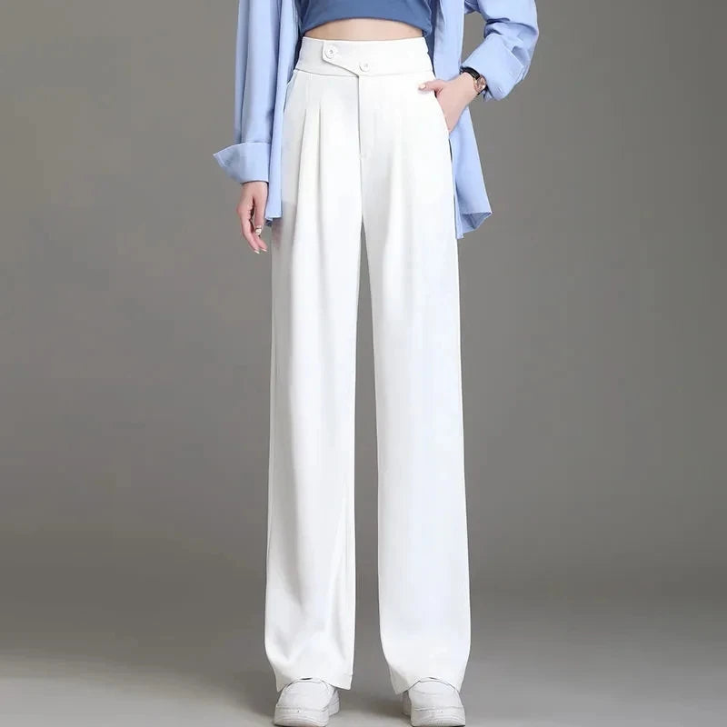 Fashion Green Wide-Leg Pants Women's Pants Trousers Summer 2 Buttons Thin Ice Silk Chiffon Straight Casual Suit Pants Female