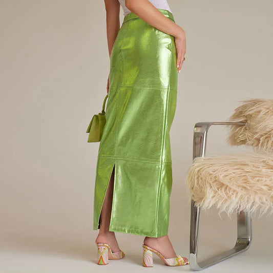 Sexy Sparkly Slit Luxury Long Skirts Women High Waist Metallic Green Slim Maxi Skirt 2024 Summer Elegant Birthday Party Clothes