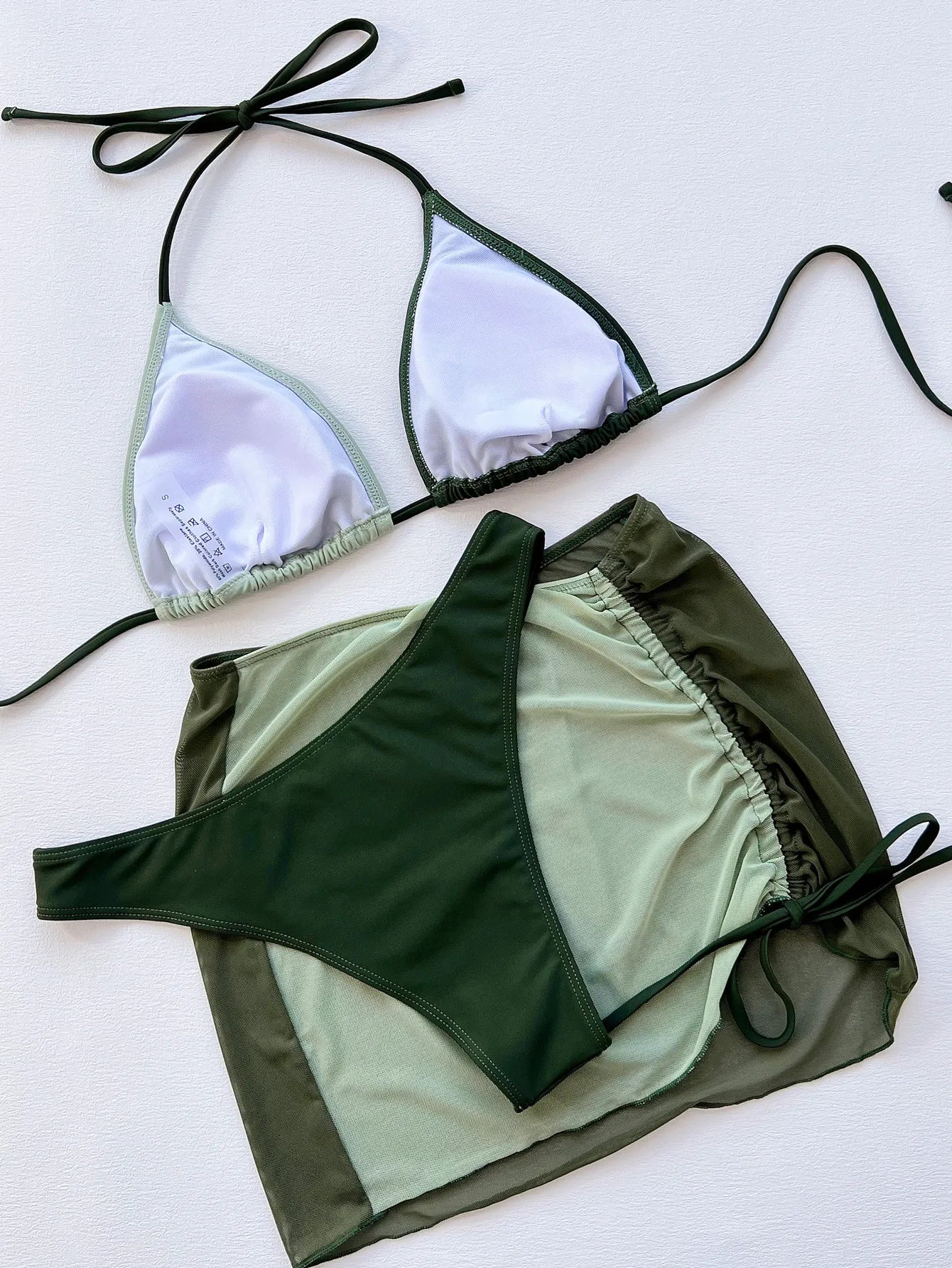 Three Piece Bikini Set Contrast Color Green Sexy Swimwear Woman Bra And Panty Swim Suit Skirt Set