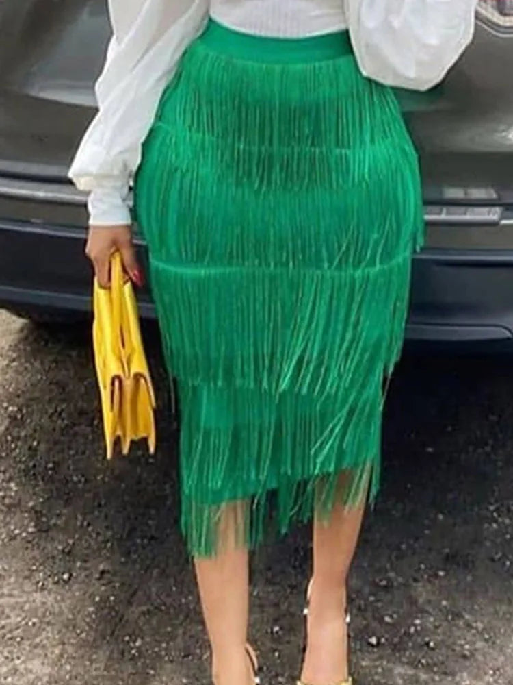 Green Fringe Bodycon Pencil Skirts Tassel High Waist Women Stretch Sheath Midi Length Ladies Slim Jupe Saias faldas