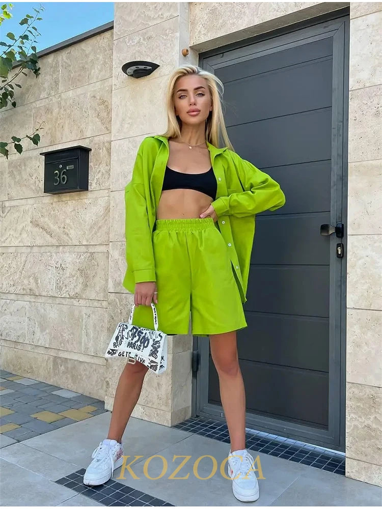 Summer Two Piece Set Women Shorts Suit Green Lapel Long Sleeve Shirts Sets Female Elegant Casual High Waist Pants Lady Outfits