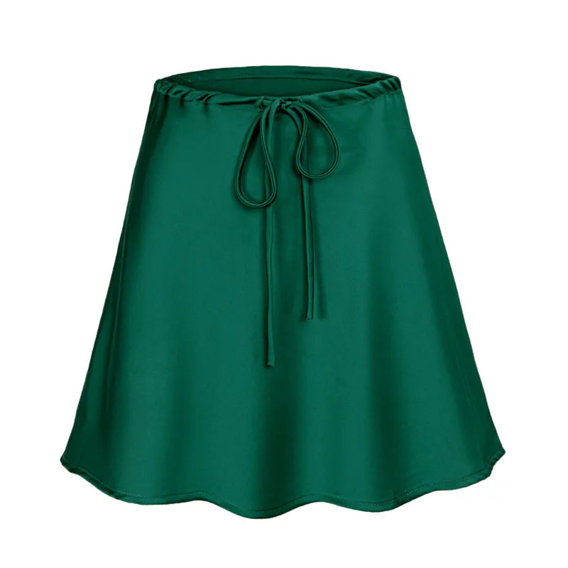 Summer Solid Color Lace-Up Cooler Satin Skirt For Women Korean Fashion Elegant Casual Black Green Short Skirts