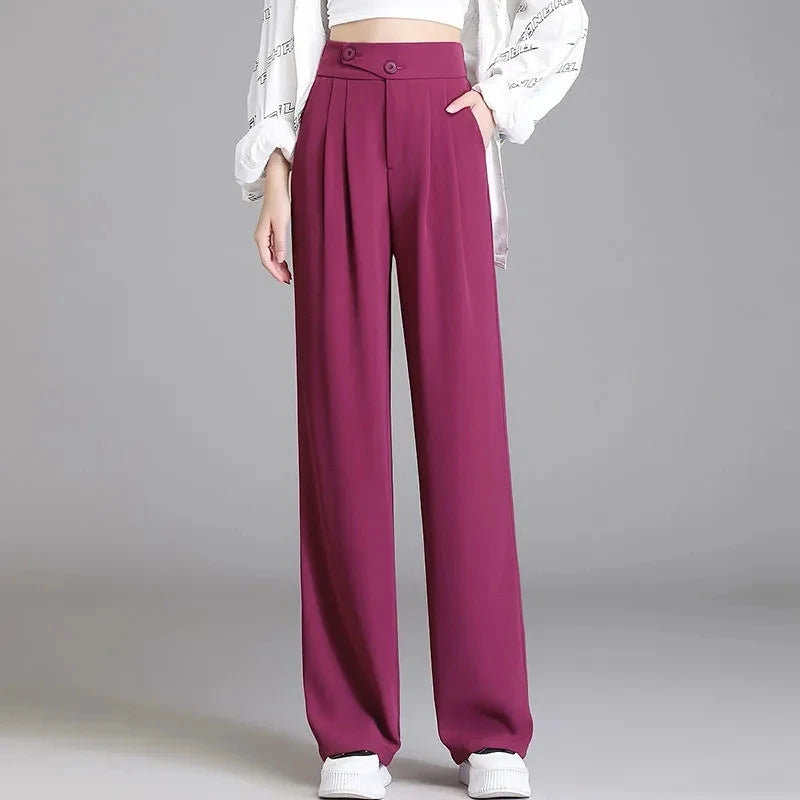 Fashion Green Wide-Leg Pants Women's Pants Trousers Summer 2 Buttons Thin Ice Silk Chiffon Straight Casual Suit Pants Female