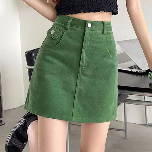 Green Half Skirt Women's Ins 2023 Summer New High Waist Wrapped Hip A-line Skirt Short  harajuku