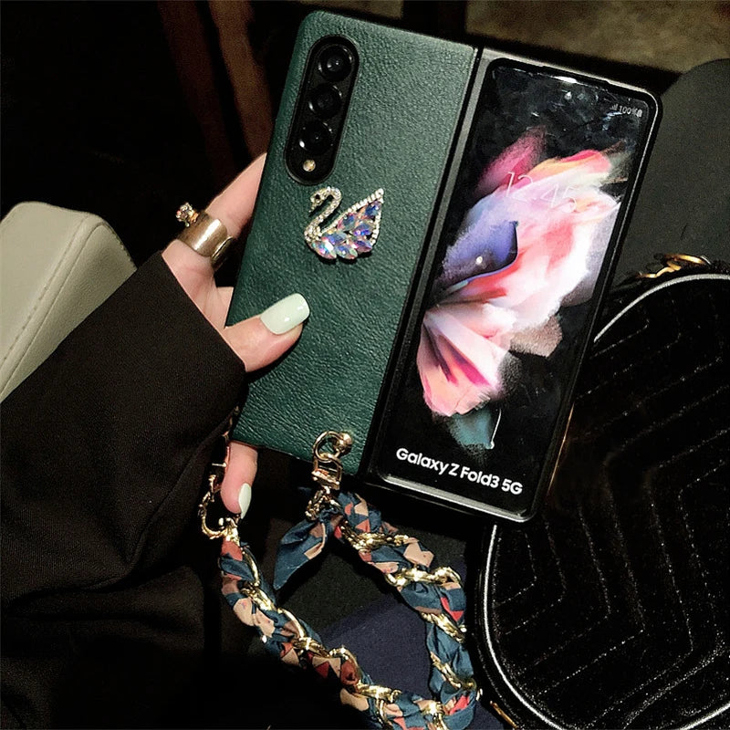 3D Colorful Crystal Swan Phone Case for Samsung Galaxy Z Fold 6 5 4 3 Green PU Leather Cover with Portable Chain, Silk Scarves