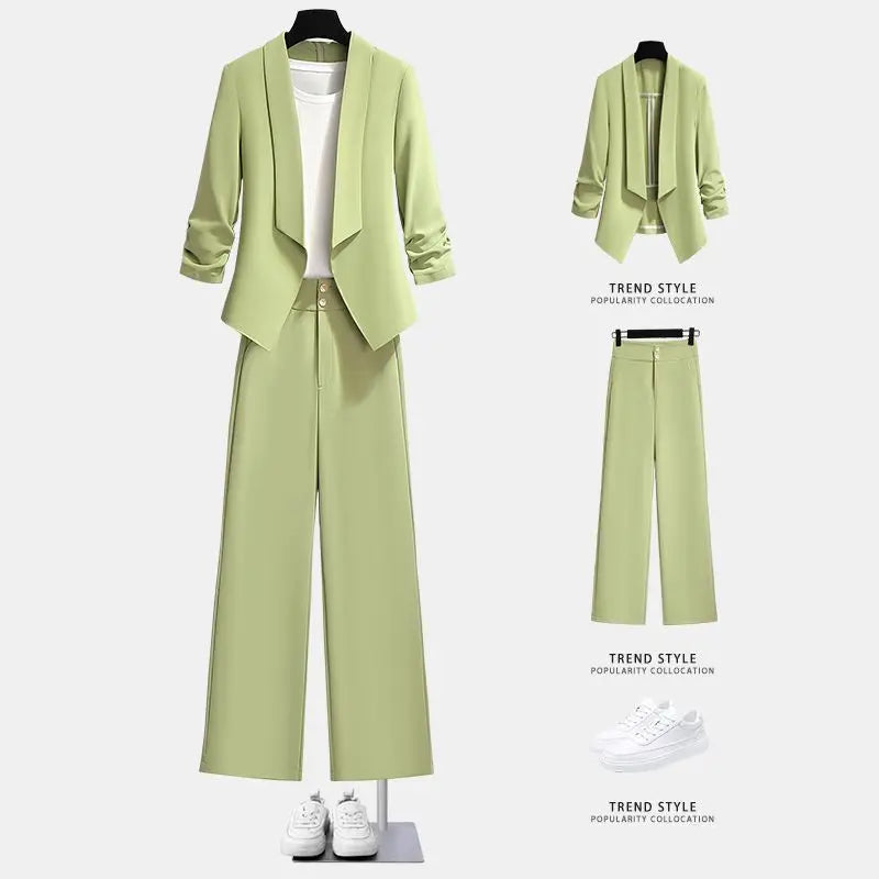 Women Spring  Green Blazer Pants Two Pieces Sets Clothing